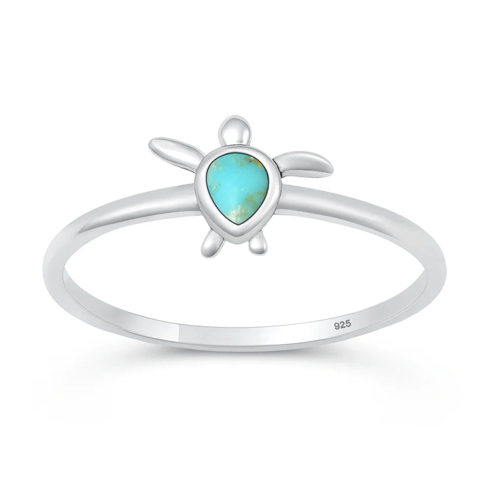 Sterling Silver Oxidized And Polished Turtle Genuine Turquoise Stone Ring