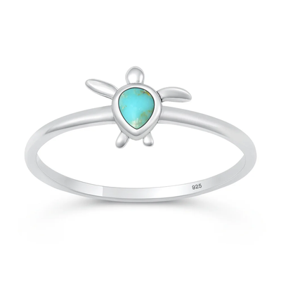 Sterling Silver Oxidized And Polished Turtle Genuine Turquoise Stone Ring