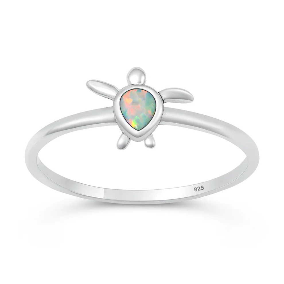 Sterling Silver Oxidized And Polished 8.2mm White Lab Opal Turtle Ring