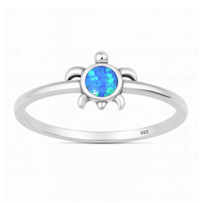 Sterling Silver Oxidized And Polished Blue Lab Opal Turtle Ring