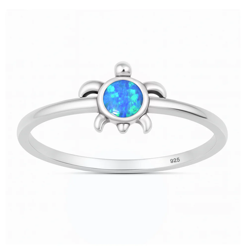 Sterling Silver Oxidized And Polished Blue Lab Opal Turtle Ring