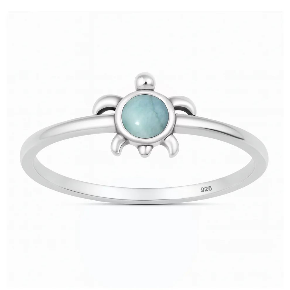 Sterling Silver Oxidized And Polished 8.2mm Turtle Larimar Stone Ring