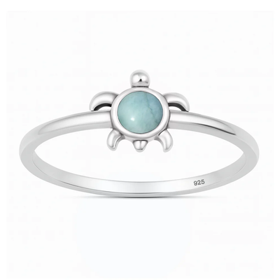 Sterling Silver Oxidized And Polished 8.2mm Turtle Larimar Stone Ring