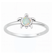 Load image into Gallery viewer, Sterling Silver Oxidized And Polished White Lab Opal Turtle Ring