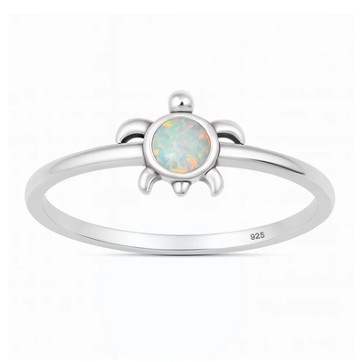 Sterling Silver Oxidized And Polished White Lab Opal Turtle Ring