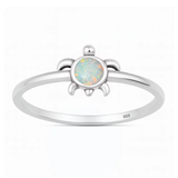 Sterling Silver Oxidized And Polished White Lab Opal Turtle Ring