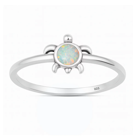 Sterling Silver Oxidized And Polished White Lab Opal Turtle Ring