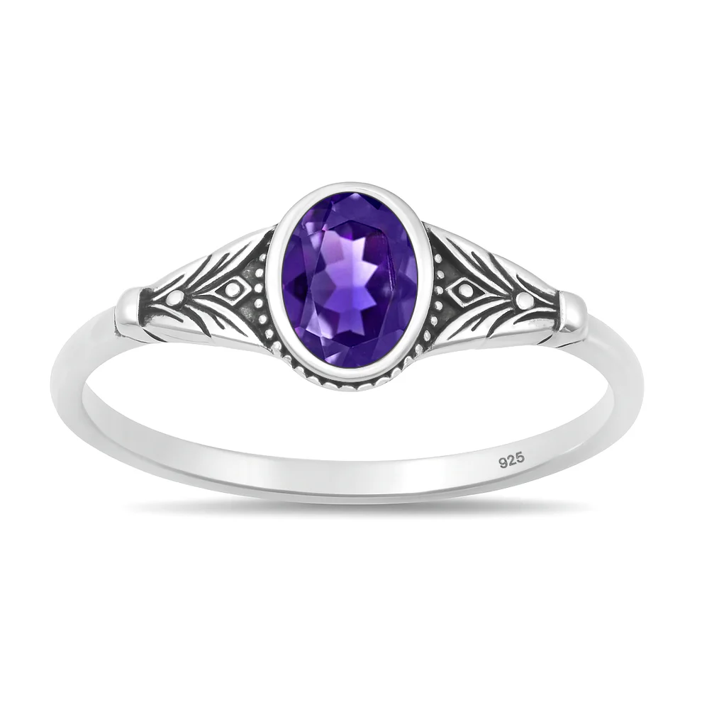 Sterling Silver Oxidized And Polished Amethyst CZ Ring