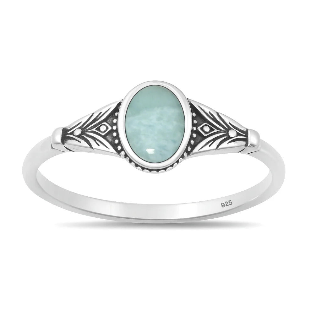 Sterling Silver Oxidized And Polished Oval Larimar Stone Ring