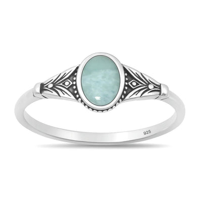 Sterling Silver Oxidized And Polished Oval Larimar Stone Ring