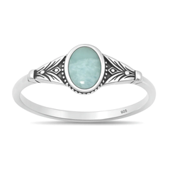 Sterling Silver Oxidized And Polished Oval Larimar Stone Ring