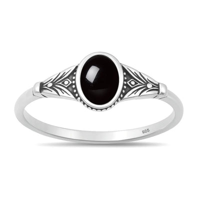 Sterling Silver Oxidized And Polished Oval Black Agate Stone Ring