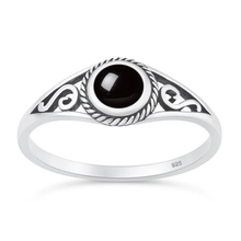 Load image into Gallery viewer, Sterling Silver Oxidized And Polished Spring Round Black Onyx Stone Ring