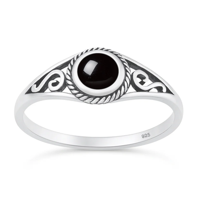 Sterling Silver Oxidized And Polished Spring Round Black Onyx Stone Ring