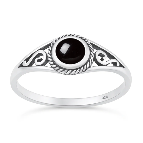 Sterling Silver Oxidized And Polished Spring Round Black Onyx Stone Ring