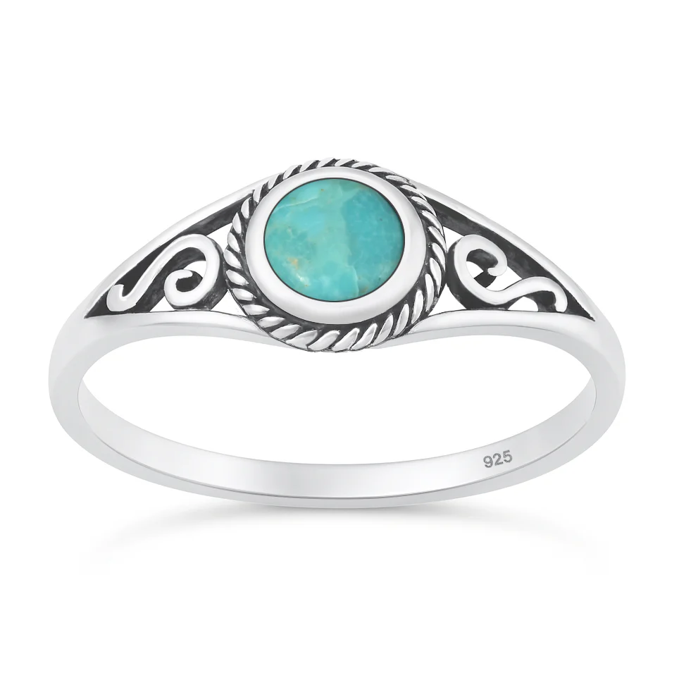 Sterling Silver Oxidized And Polished Spring Round Genuine Turquoise Stone Ring