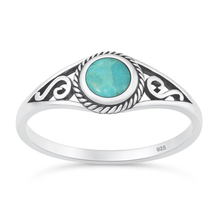 Load image into Gallery viewer, Sterling Silver Oxidized And Polished Spring Round Genuine Turquoise Stone Ring