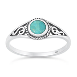 Sterling Silver Oxidized And Polished Spring Round Genuine Turquoise Stone Ring
