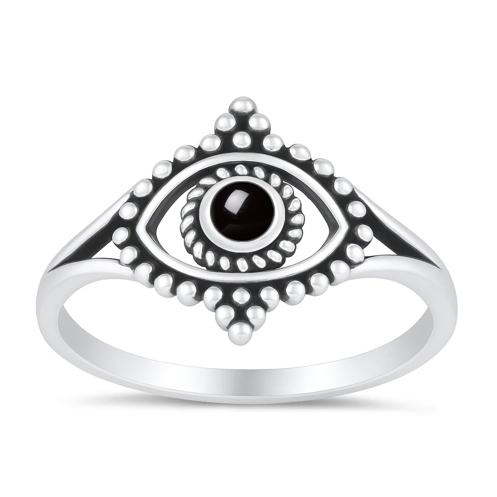 Sterling Silver Oxidized And Polished Black Onyx Evil Eye Ring