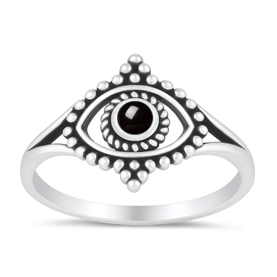 Sterling Silver Oxidized And Polished Black Onyx Evil Eye Ring