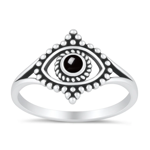 Sterling Silver Oxidized And Polished Black Onyx Evil Eye Ring