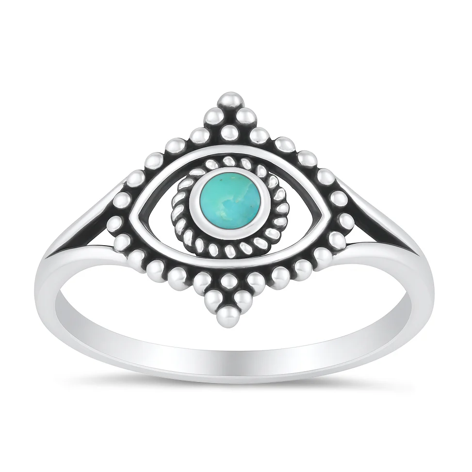 Sterling Silver Oxidized And Polished Genuine Turquoise Evil Eye Ring