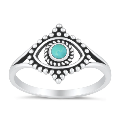 Sterling Silver Oxidized And Polished Genuine Turquoise Evil Eye Ring