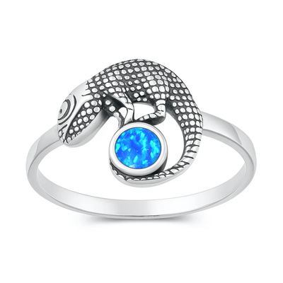Sterling Silver Oxidized And Polished Blue Lab Opal Lizard Ring