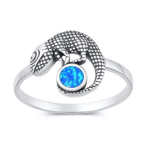 Sterling Silver Oxidized And Polished Blue Lab Opal Lizard Ring