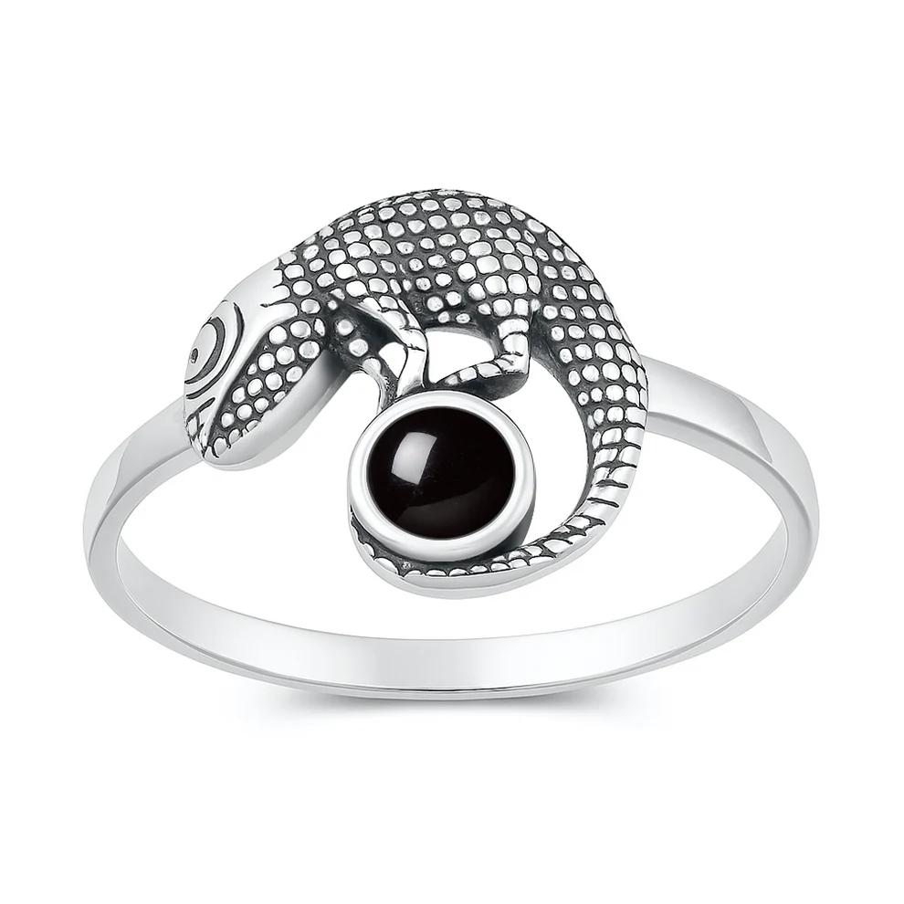 Sterling Silver Oxidized And Polished Lizard Black Onyx Stone Ring