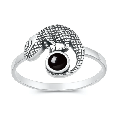 Sterling Silver Oxidized And Polished Lizard Black Onyx Stone Ring