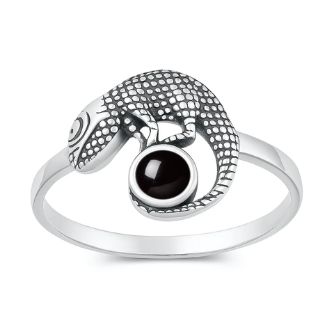 Sterling Silver Oxidized And Polished Lizard Black Onyx Stone Ring