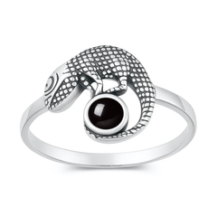 Sterling Silver Oxidized And Polished Lizard Black Onyx Stone Ring