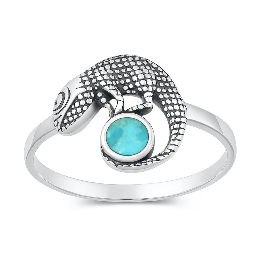 Sterling Silver Oxidized And Polished Lizard Genuine Turquoise Stone Ring