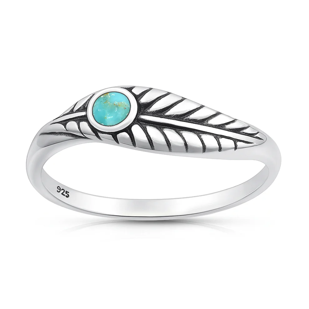 Sterling Silver Oxidized and Polished Leaf Genuine Turquoise Stone Ring