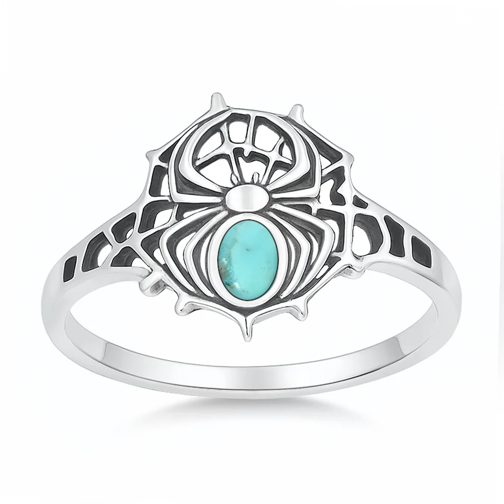 Sterling Silver Oxidized And Polished Spider And Web Genuine Turquoise Stone Ring