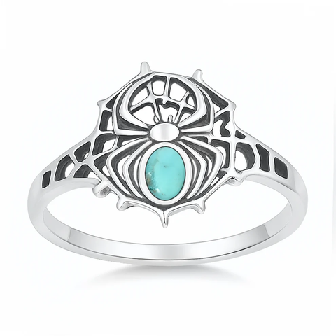 Sterling Silver Oxidized And Polished Spider And Web Genuine Turquoise Stone Ring