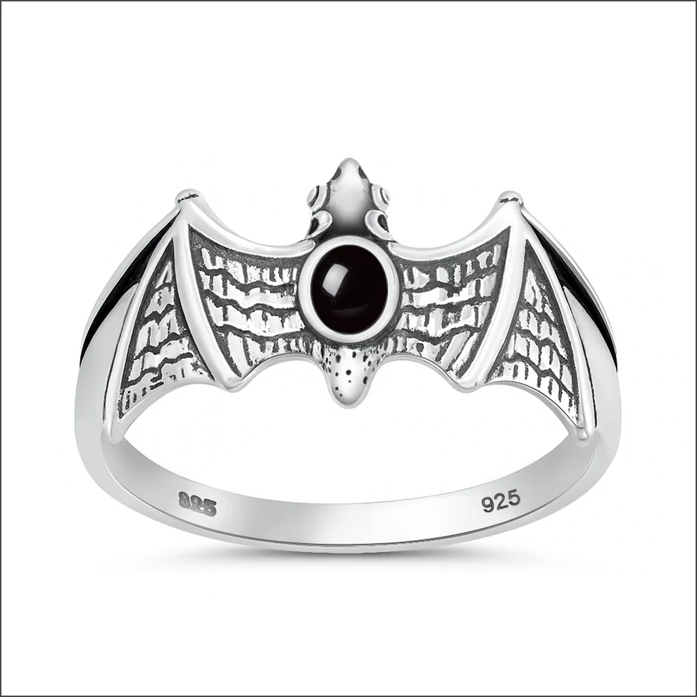 Sterling Silver Oxidized And Polished Bat Black Onyx Stone Ring