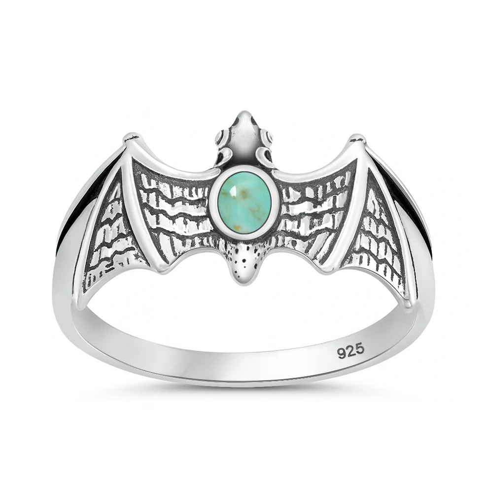 Sterling Silver Oxidized And Polished Bat Genuine Turquoise Stone Ring