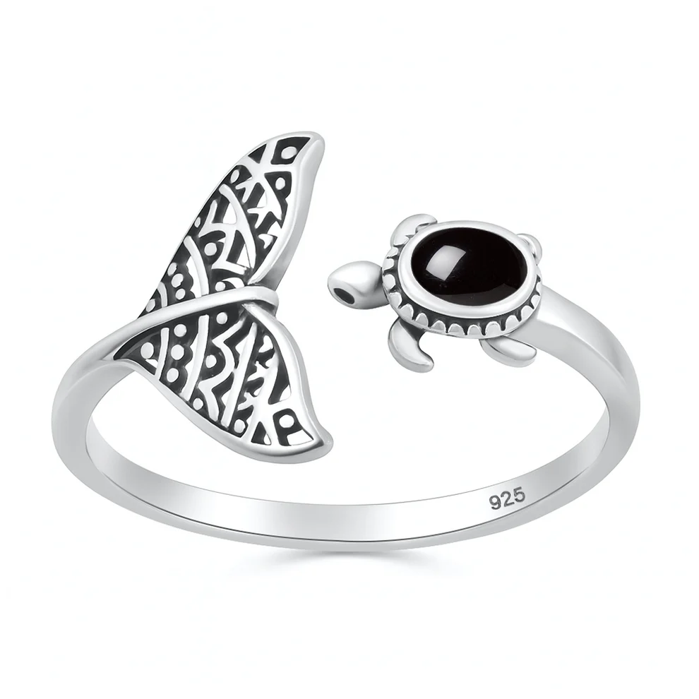 Sterling Silver Oxidized And Polished Turtle And Whale Tail Black Onyx Stone Ring