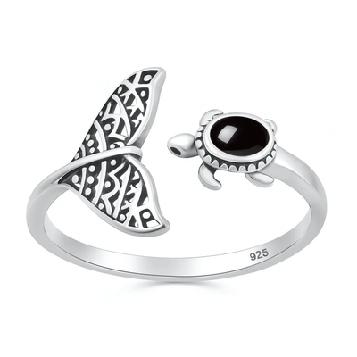 Sterling Silver Oxidized And Polished Turtle And Whale Tail Black Onyx Stone Ring