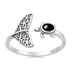 Sterling Silver Oxidized And Polished Turtle And Whale Tail Black Onyx Stone Ring