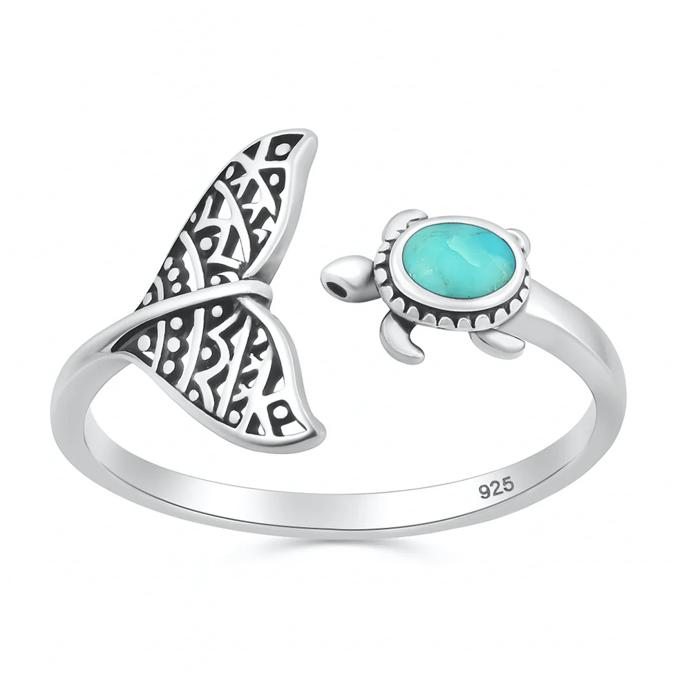 Sterling Silver Oxidized And Polished Turtle And Whale Tail Genuine Turquoise Stone Ring