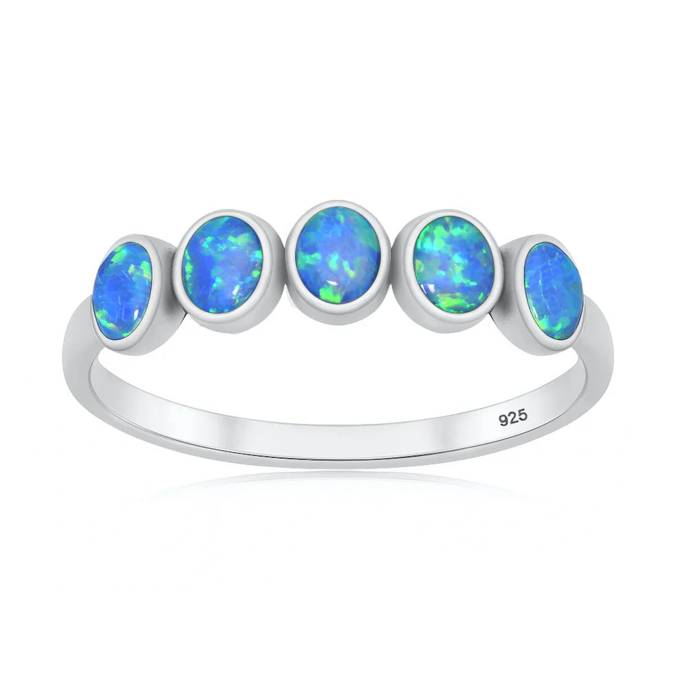 Sterling Silver Oxidized And Polished Five Stone Blue Lab Opal Ring