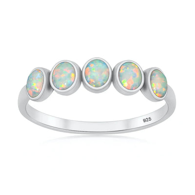 Sterling Silver Oxidized And Polished Five Stone White Lab Opal Ring