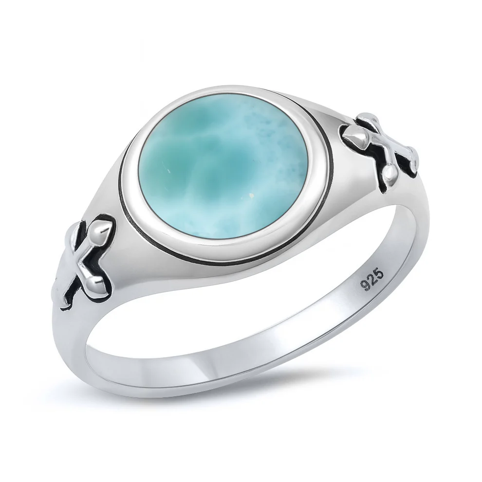 Sterling Silver Oxidized And Polished Medieval Cross Larimar Stone Ring