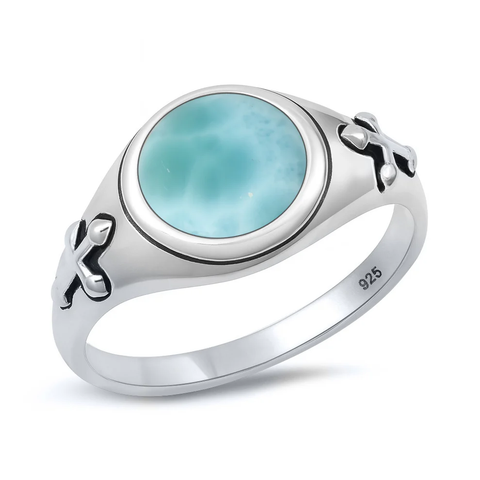 Sterling Silver Oxidized And Polished Medieval Cross Larimar Stone Ring