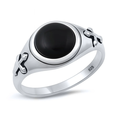 Sterling Silver Oxidized And Polished Cross Black Onyx Stone Ring