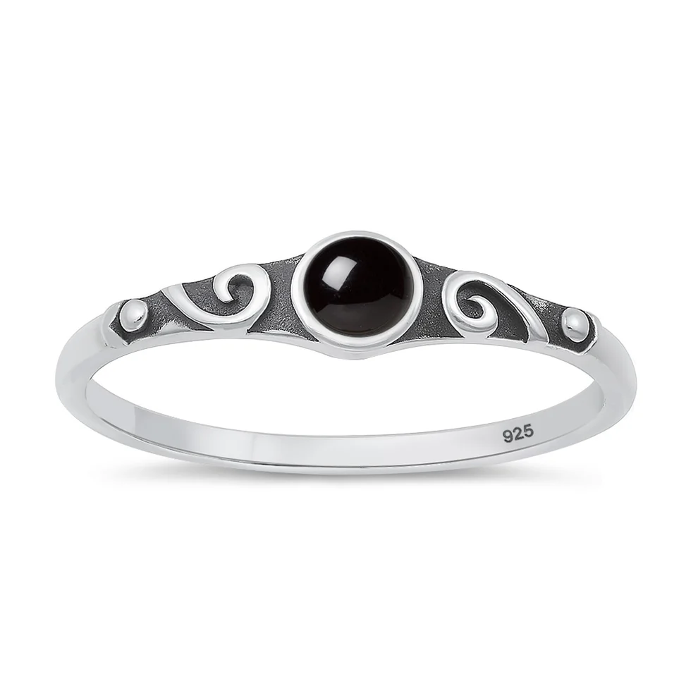 Sterling Silver Oxidized and Polished Vintage Swirl Black Agate Stone Ring