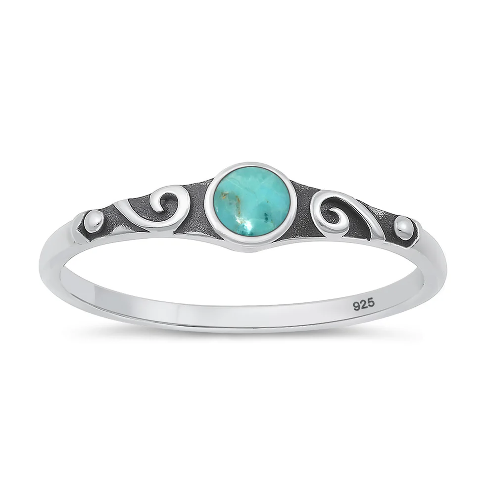 Sterling Silver Oxidized And Polished Vintage Swirl Genuine Turquoise Stone Ring
